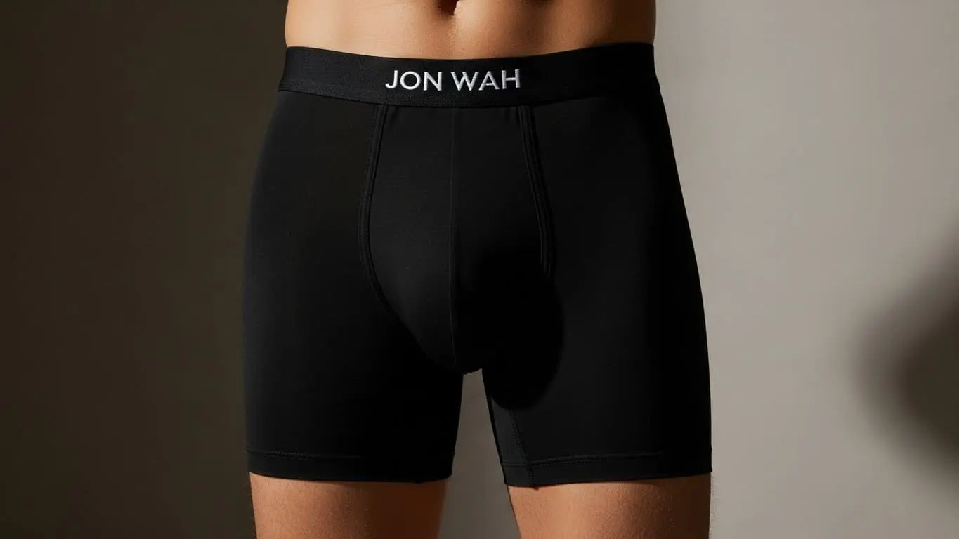 Black underwear with 'JON WAH' waistband on a neutral background
